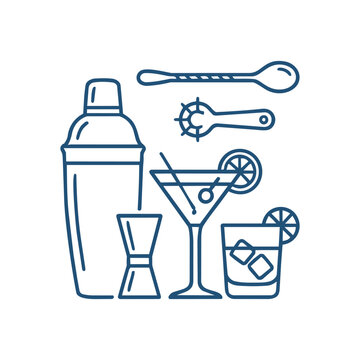 Cocktail shaker and bar tools line icon