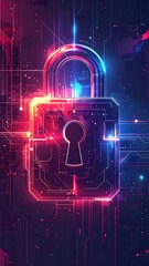 Digital padlock illustration with neon lines on dark background