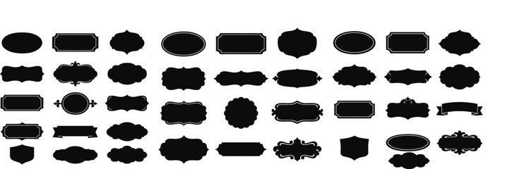 Set of 12 black decorative label silhouettes with vintage retro frame shapes clean flat vector