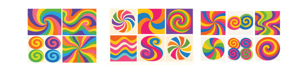 Obraz premium Swirl groovy psychedelic spiral pattern set clean flat vector retro abstract decorative modern backgrounds