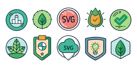 Sustainability badge set with leaf, check mark, light bulb, and eco friendly symbols in colorful vector style, perfect for environmental and green energy themes