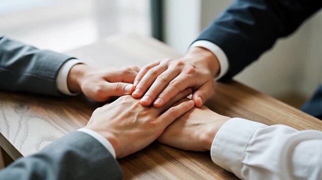 hands stacked on table in business setting