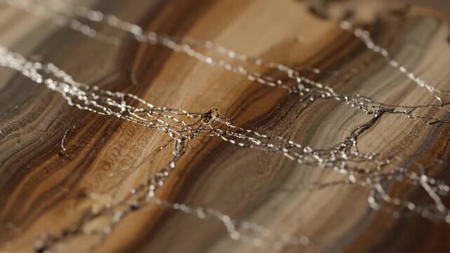 Close-up of intricate silver threads woven across a textured wooden surface
