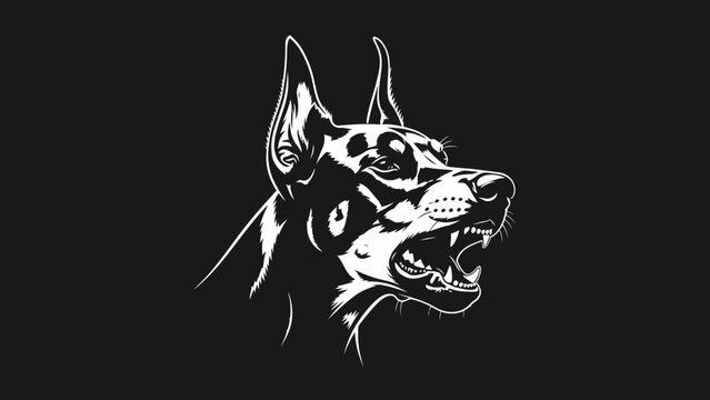 Aggressive Doberman Dog Head Portrait, Biting, Growling, Fierce, White on Black Background