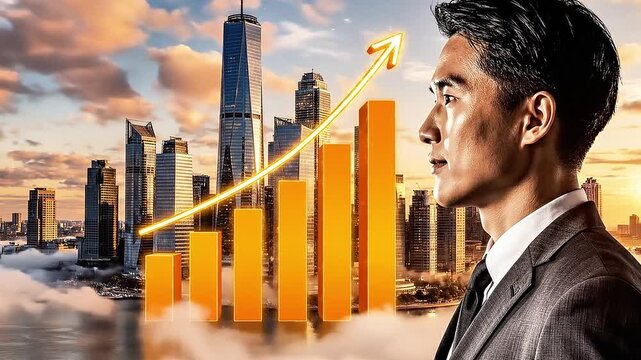 Businessman standing in front of a cityscape with a rising graph.