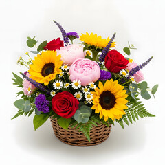 Naklejka premium Beautiful bouquet of colorful flowers in a wicker basket on white background transparent background