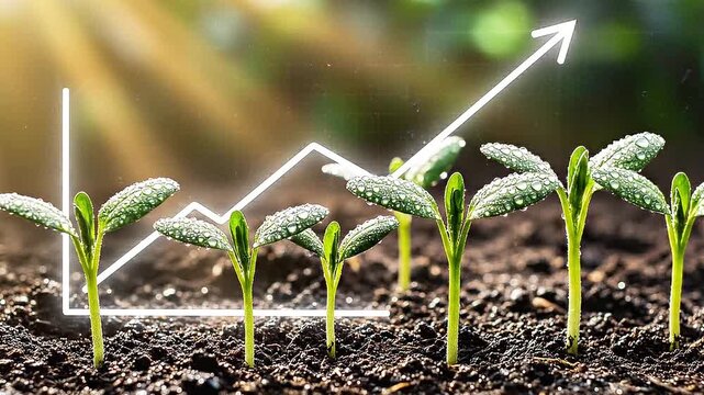 Seedlings growing in soil with upward trend graph overlay.