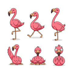 Set of cute flamingo cartoon characters in different poses © Kevin
