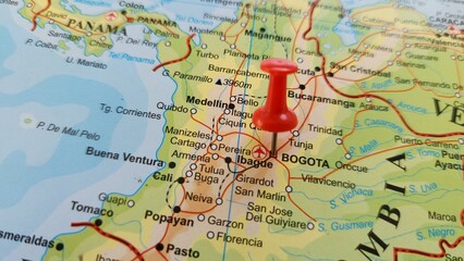 View of Bogota, is the capital and largest city of Colombia, on a geographical map of America, marked with a red push pin.
