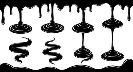 A striking black dripping chocolate effect design with varying shapes and textures on transparent background silhouette high quality professional © Hridoy