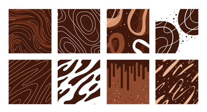 A collection of eight abstract flowing patterns in warm brown tones ideal for design projects on transparent background silhouette