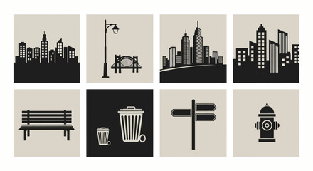 Naklejka premium A collection of urban elements including buildings streetlights benches and signs silhouette on transparent background high quality professional detailed