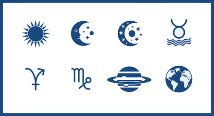 A collection of celestial symbols representing sun moon planets and constellations on transparent background silhouette high quality professional detailed © Hridoy