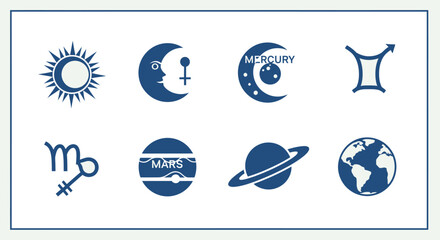 A collection of astrological symbols representing sun moon planets and constellations on transparent background silhouette high quality professional detailed © Hridoy