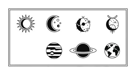 A collection of celestial symbols representing planets moons and astrological signs on transparent background silhouette high quality professional detailed © Hridoy