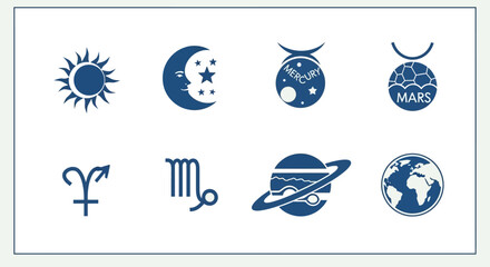 A collection of celestial body icons including sun moon planets and zodiac signs on transparent background silhouette high quality © Hridoy