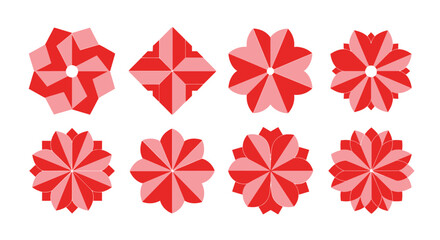 A collection of eight red floral shapes with varying petal arrangements perfect for design work on transparent background silhouette © Hridoy