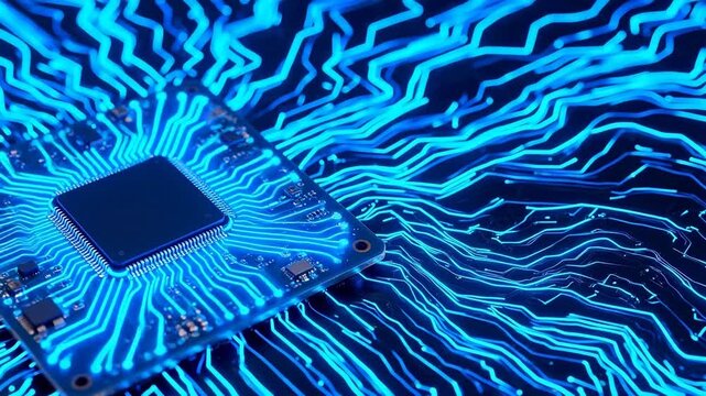 Circuit board with glowing blue lines