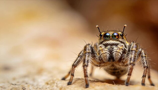Macro spider bug life extreme closeup of jumping spider on rock surface in nature with colorful reflective eye detail hairy leg and soft blur sand background bokeh wildlife scene curiosity