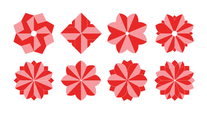 A collection of eight red floral shapes with varying petal arrangements perfect for design work on transparent background silhouette