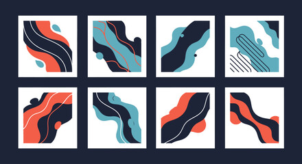 A collection of eight abstract geometric designs in red blue and black on transparent background silhouette high quality professional