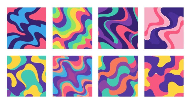 A vibrant collection of eight abstract colorful wave pattern squares on transparent background silhouette high quality professional detailed modern