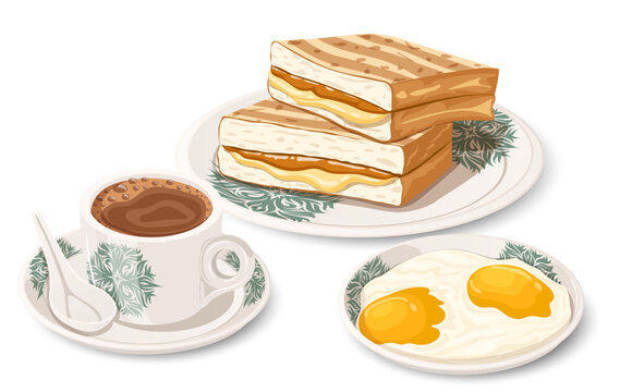 Traditional Singaporean Breakfast Set with Kaya Toast, Soft Boiled Eggs, and Kopi Coffee in a Classic Kopitiam Setting