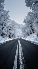 Fototapeta premium Snow-covered road through winter forest with trees dusted in snow on both sides, overcast sky, peaceful atmosphere, ultra-realistic details, serene natural landscape scene.