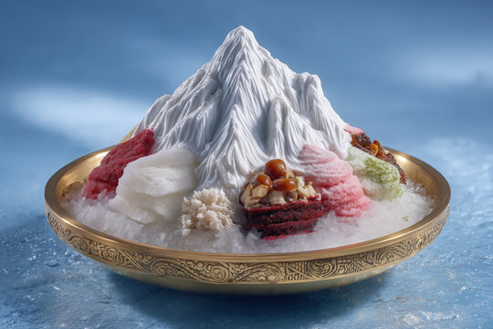 Korean bingsu dessert with shaved milk ice red beans and nuts on golden plate