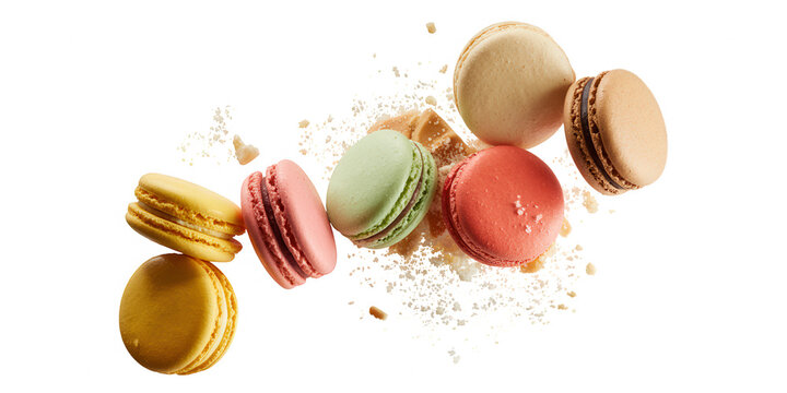 Colorful macarons floating with crumbs french macarons dessert sweets isolated on a transparent background