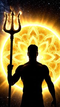 Divine figure with trident against glowing mandala sun in cosmos