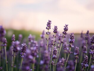 Obraz premium Close up of blooming purple lavender flowers in a field at sunset