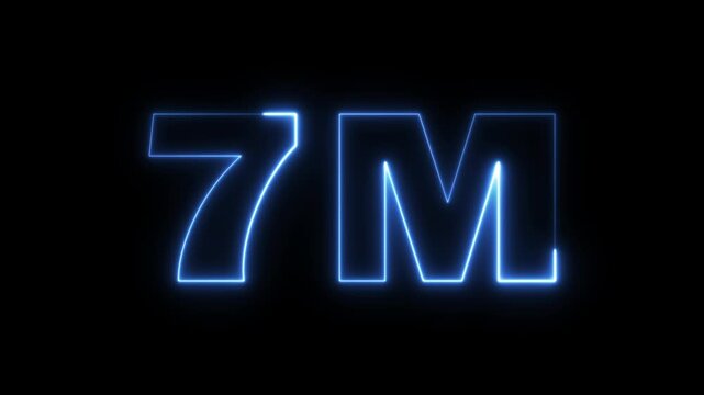 7 Million celebration, social media effect neon glow 7M text animation on black background. 