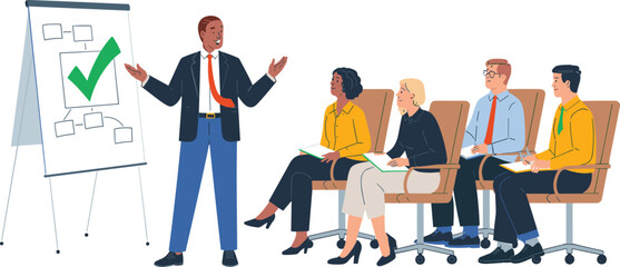 Business presentation with team meeting, manager explaining strategy on flipchart board, corporate training concept flat vector illustration