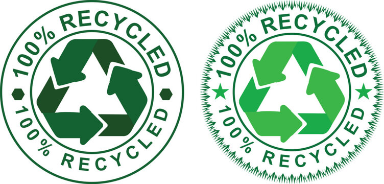 "100% Recycled Badge Set, Green Eco Friendly Seals, Sustainability Certification Marks, Recycling Symbol Labels, Environmental Protection Emblems, Zero Waste Product Stamps"