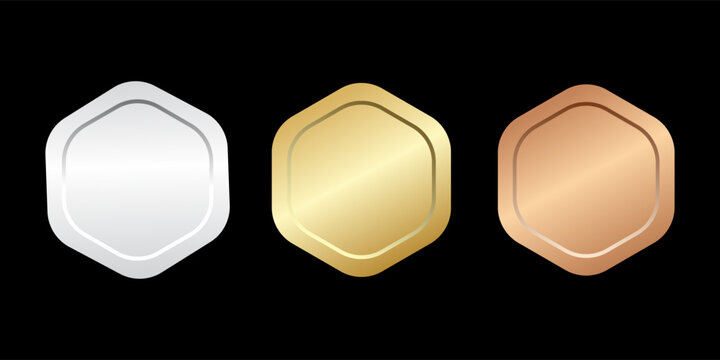 Gold, silver and bronze metal circle frames 3d vector realistic illustration. First, second and third place medals or buttons isolated on white background. Certified.