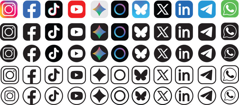 Social media symbol collection icons, interaction and sharing symbols, minimalist network design, professional ui ux assets for social software.