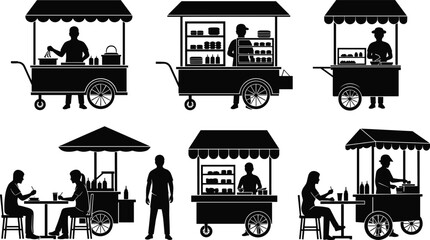 Street food vendor carts silhouettes mobile market stalls black vector illustration isolated on white background urban business concept © Rabbi creatives