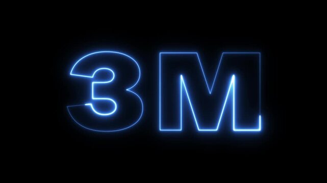 3 Million celebration, social media effect neon glow 3M text animation on black background. 