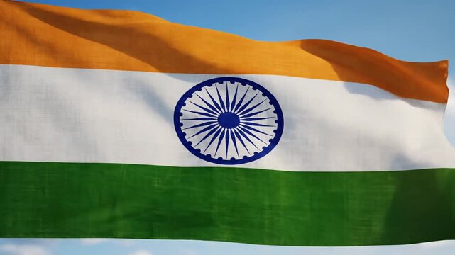 Indian national flag waving proudly against a blue sky