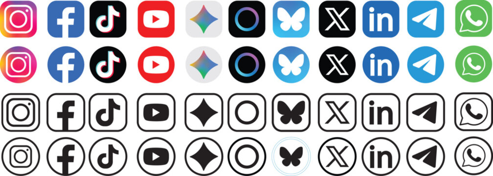Social media logo collection, Facebook, Threads, X, Twitter, Instagram, YouTube, Snapchat, Pinterest, WhatsApp, LinkedIn, TikTok symbols, professional vector illustration