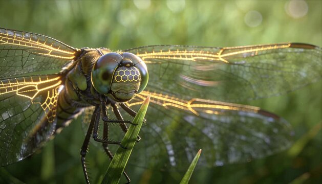 Macro bug life extreme dragonfly closeup insect wing detail green grass morning light showing delicate nature pattern beauty vibrant color summer meadow field background bokeh glow outdoor scene