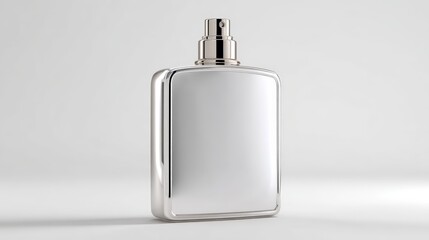 Obraz premium A perfume bottle with a sleek, modern silhouette, adorned with a silver spray cap, set against a bright white background that highlights its simplicity and luxury