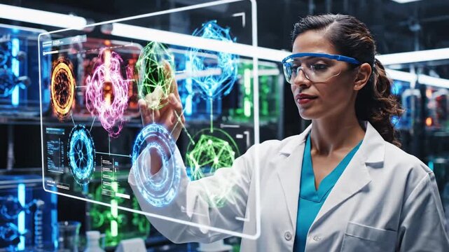 Female scientist examines holographic energy display in modern laboratory