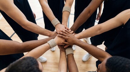 Overhead view of a basketball team huddle with multiple players stacking hands together on a gym court, bright even lighting, inclusive teamwork concept and copy space.