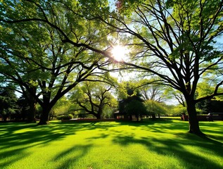 Obraz premium Sunlight filtering through lush green trees onto a grassy lawn