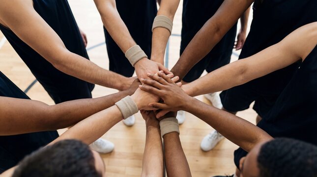 Overhead view of a basketball team huddle with multiple players stacking hands together on a gym court, bright even lighting, inclusive teamwork concept and copy space.