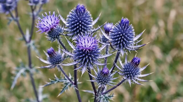Cluster of spiky blue-purple globe-shaped blossoms against soft green background