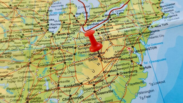 View of Charleston County, County in South Carolina, United States, on a geographical map of America, marked with red push pin