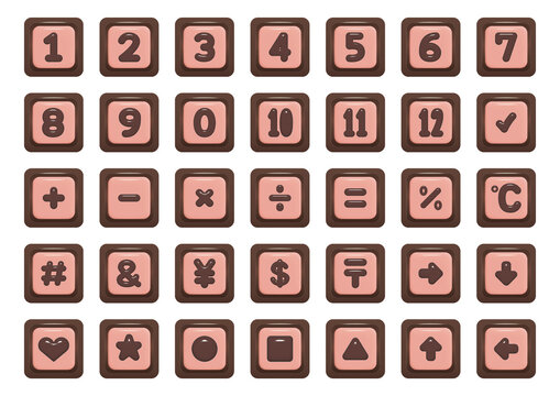 Strawberry chocolate numbers 1 to 12 with math symbols
Strawberry chocolate numeric and symbol set 1&ndash;12
ストロベリーカラー背景の3Dチョコレート数字と記号セット 1〜12